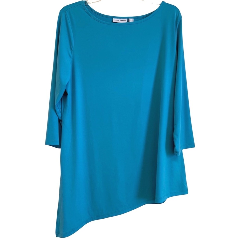 Susan Graver Liquid Knit Asymmetrical Hem Tunic Top Teal Blue 3/4 Sleeve Large